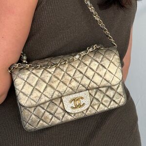 Rare CHANEL Iridescent Gold Black Small Flap Bag Quilted Crossbody Crystal CC